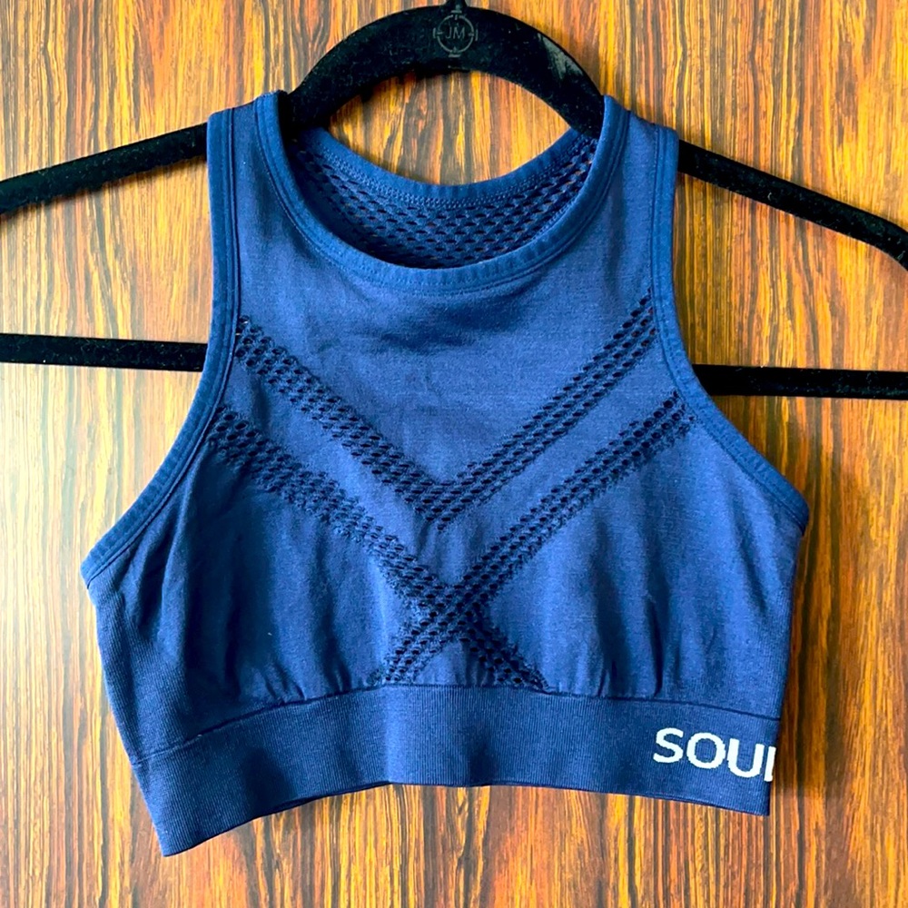 SoulCycle blue halter sports bra